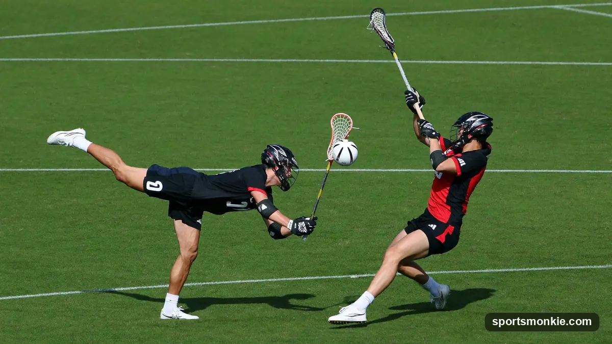 Two lacrosse players crouched over the ball at a faceoff in the center of the field
