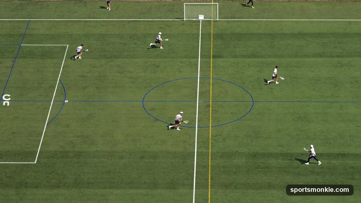Two lacrosse teams spread across a full outdoor field during a game, goals visible at each end