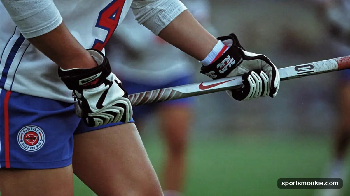 A lacrosse player mid-shot gripping the stick with both gloved hands during a game on turf