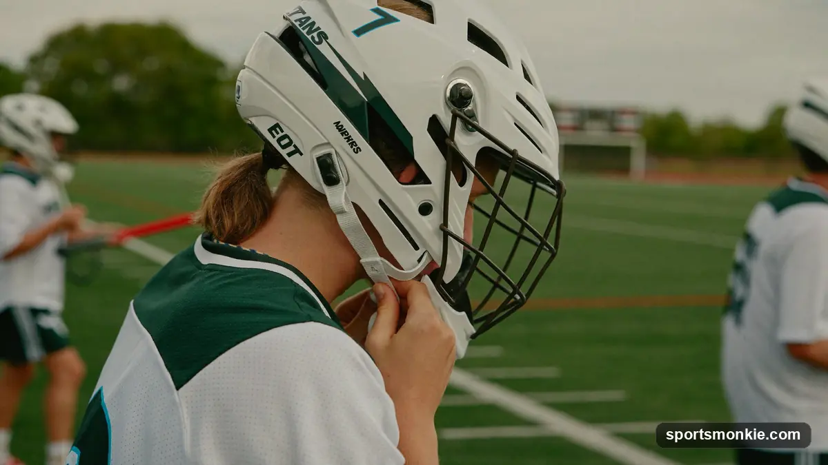 A youth lacrosse player fastening a helmet chin strap on the sideline before a game