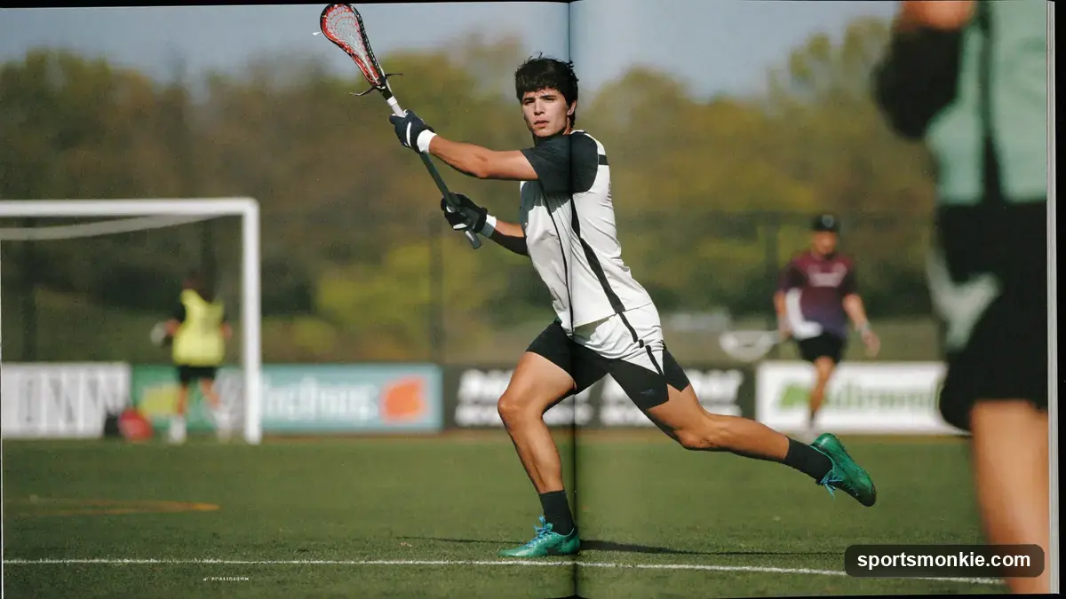A lacrosse midfielder carrying the ball in transition up the field
