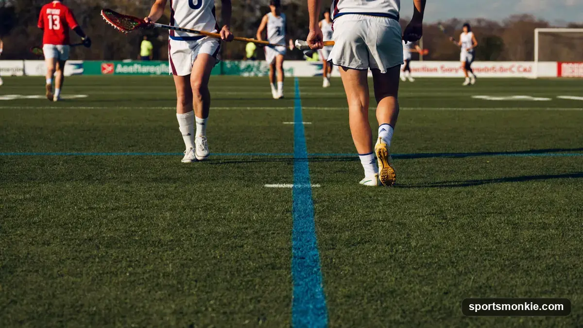 Diagram of the lacrosse midline showing players balanced on each half of the field