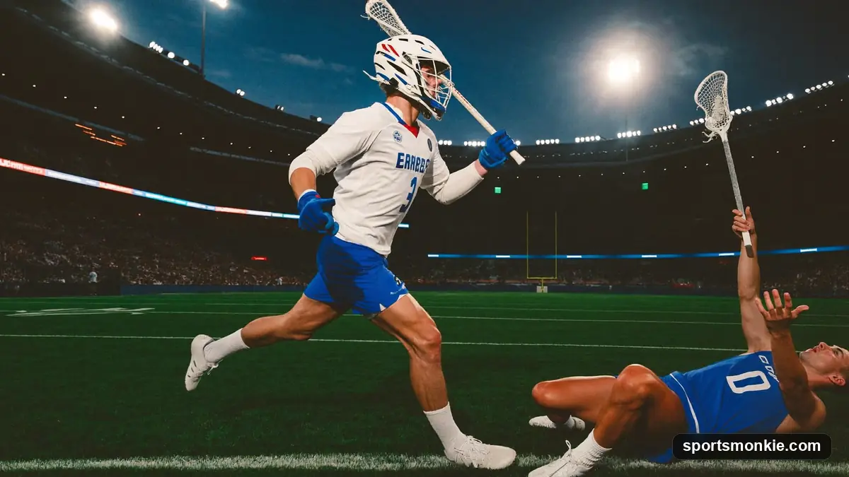 Lacrosse players celebrating a sudden-victory overtime goal on the field