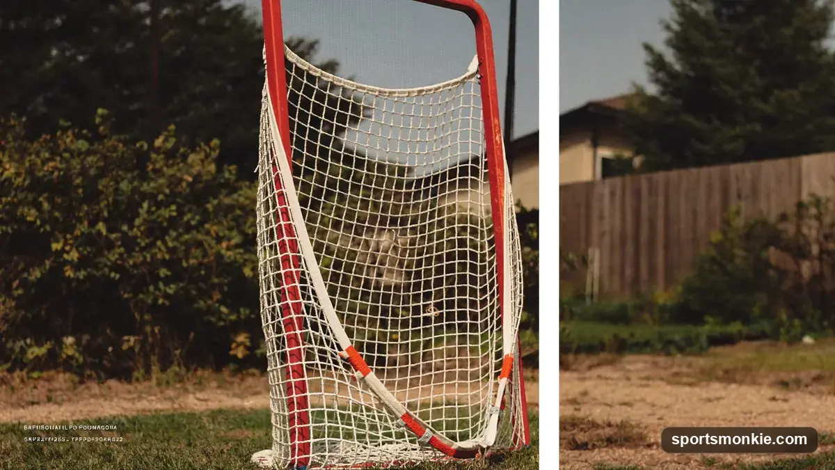 A lacrosse rebounder net set up in a backyard for solo practice