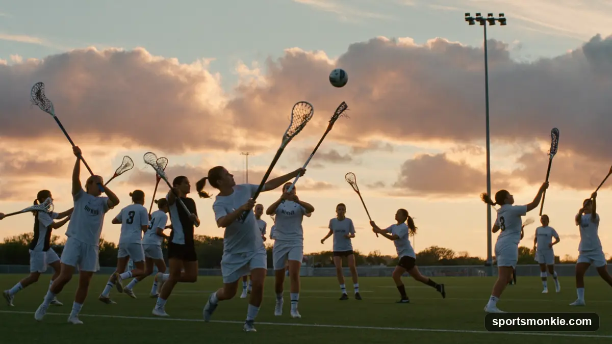 Lacrosse players competing for a ground ball with netted sticks on a green field