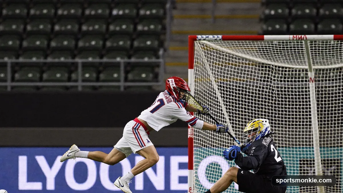 A lacrosse shot clock counting down above the goal during a game