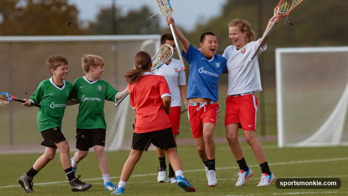 A group of youth lacrosse players celebrating a goal together on the field after a score