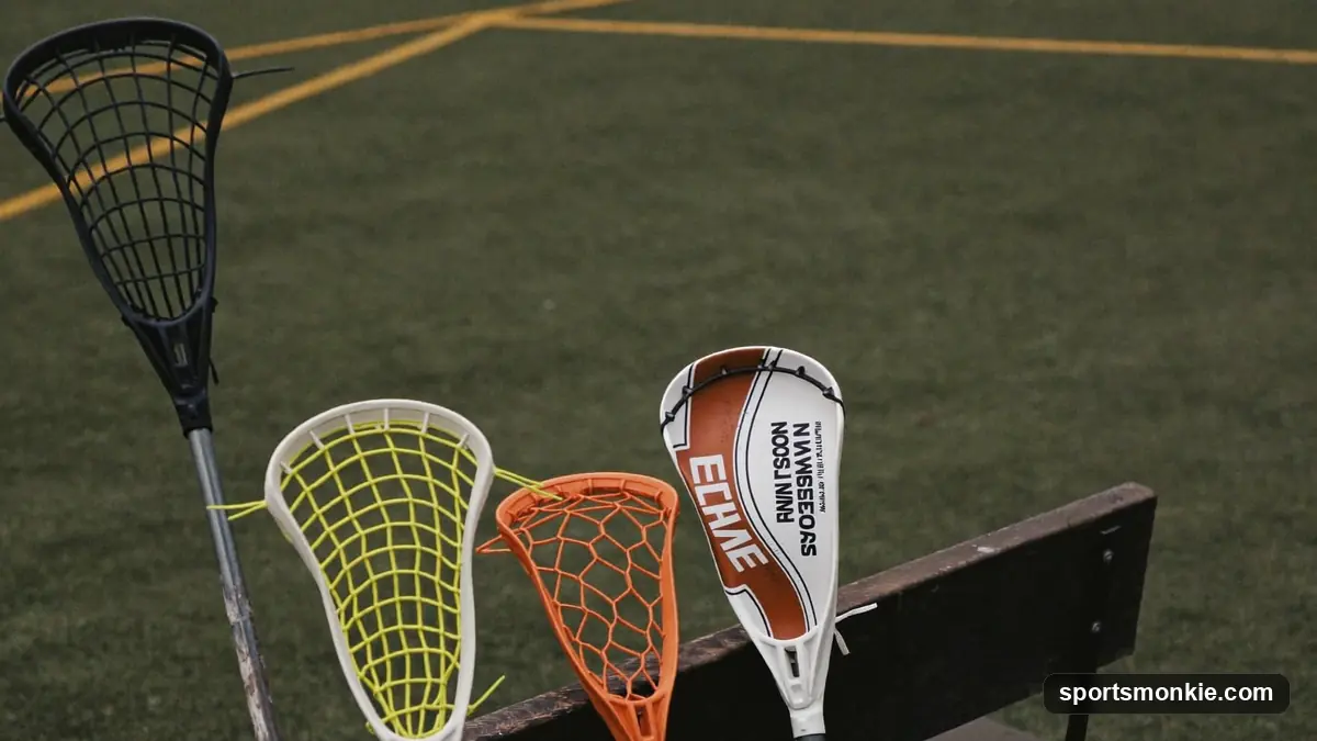 A short attack lacrosse stick and a long defensive pole laid side by side for length comparison