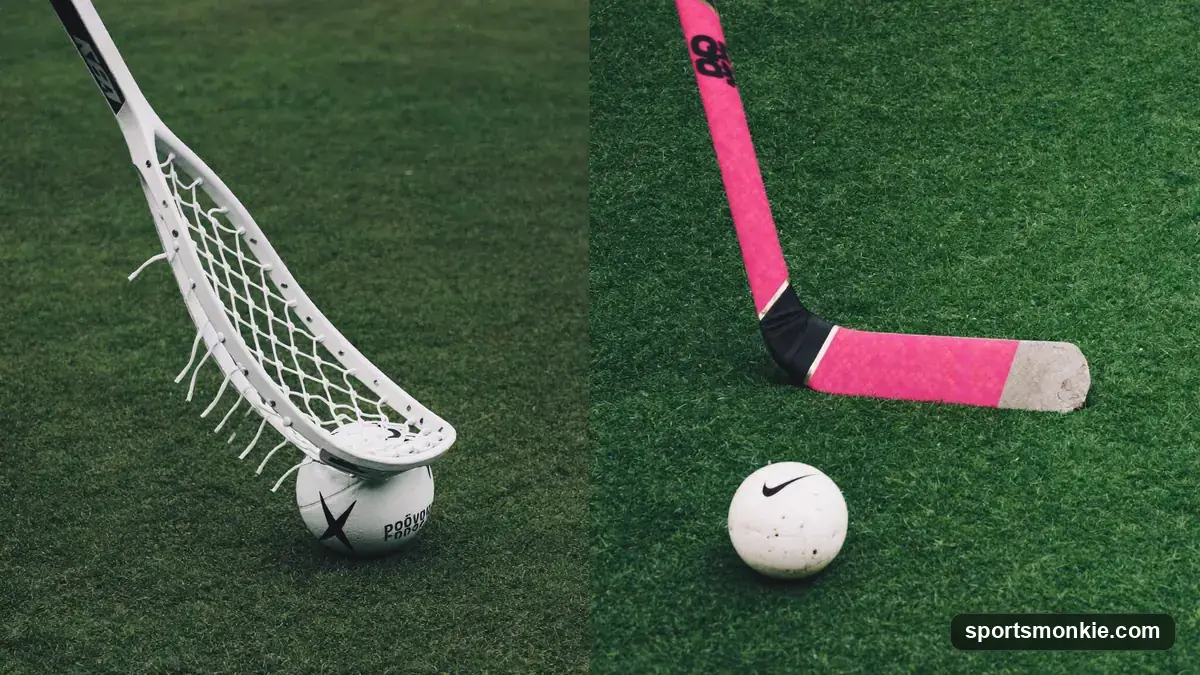 Side-by-side comparison of a lacrosse stick and a field hockey stick with their balls