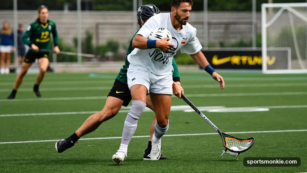 A men's lacrosse attacker cradling the ball and dodging a defender during a fast break on a green turf field