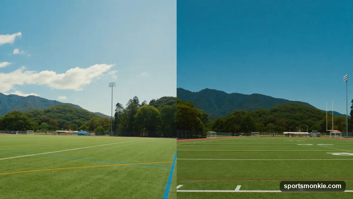 A youth lacrosse player and a youth soccer player on adjacent pitches