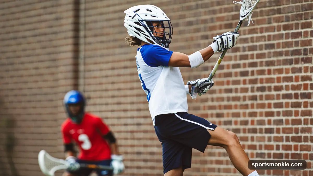 A youth lacrosse player throwing and catching against a brick wall during a solo wall ball session