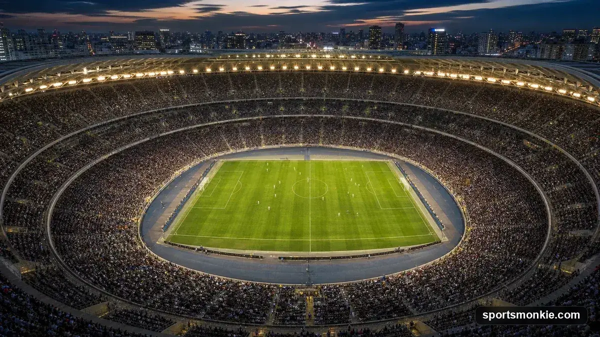 An aerial view of a packed, massive sports stadium at night