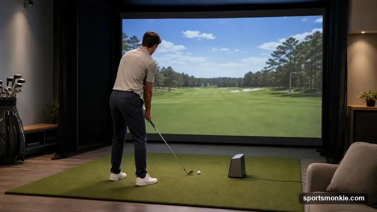 Golfer hitting into a home golf simulator screen with a launch monitor positioned beside the ball