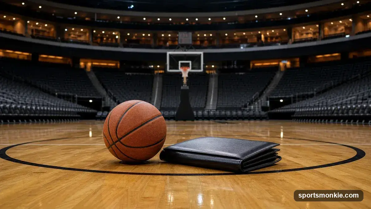 A basketball on a hardwood court with arena lights, representing LeBron James's career and business success