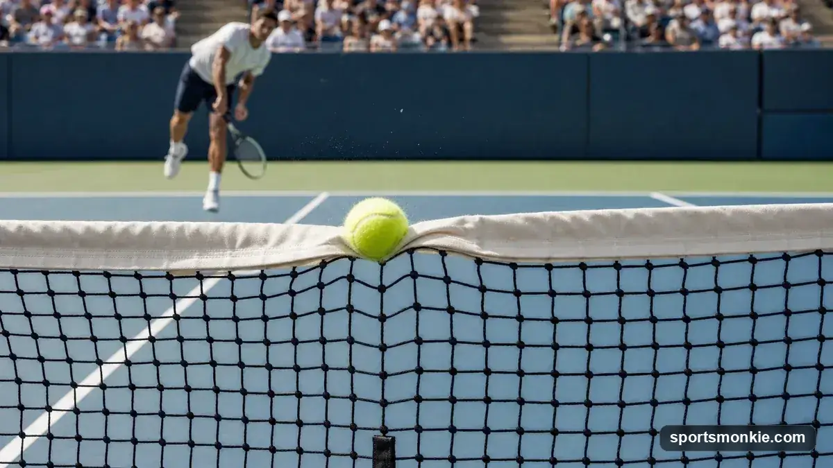 A tennis ball clipping the net cord during a serve, representing a let call