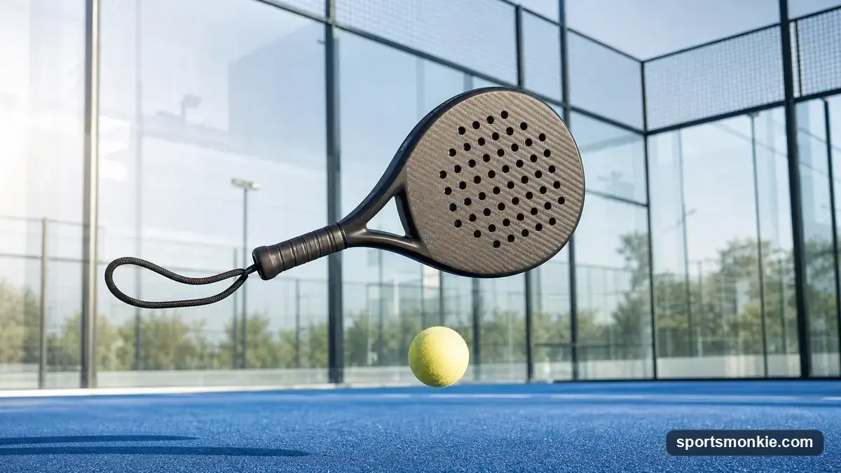 A lightweight round-shaped padel racket resting on a padel court next to a padel ball