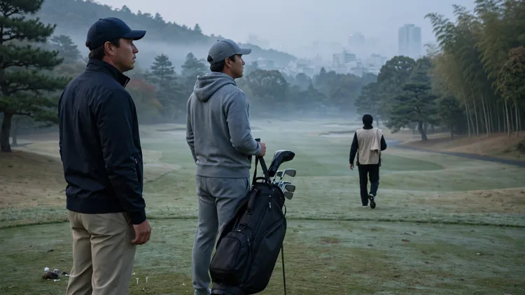 A generic professional golfer on a tee box near Tokyo at dawn looking puzzled while a stand-in in training clothes holds his bag, a caddie walking away down the fairway in the background, editorial graphic