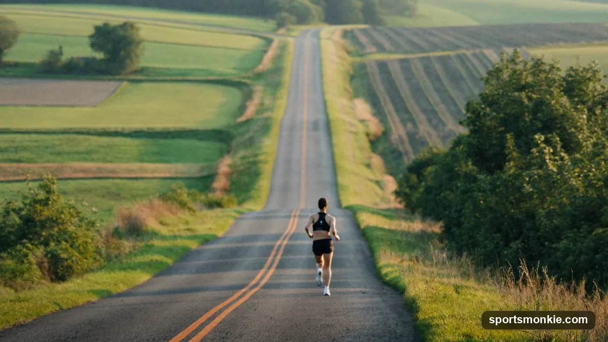 A distance runner on a quiet road during an easy-paced long training run