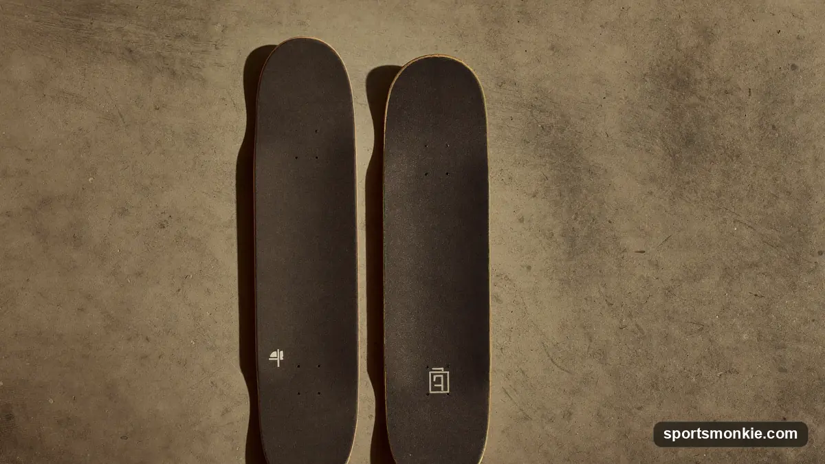 A longboard and a shorter skateboard laid side by side on concrete, top-down view in warm light
