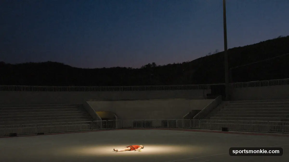 A dusty championship trophy sitting alone in an empty stadium