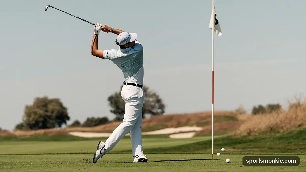 A golfer at the top of a powerful driver swing on an open tee box under clear skies