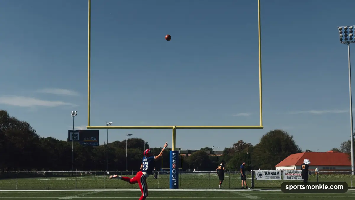 A placekicker striking a football through the uprights in a stadium