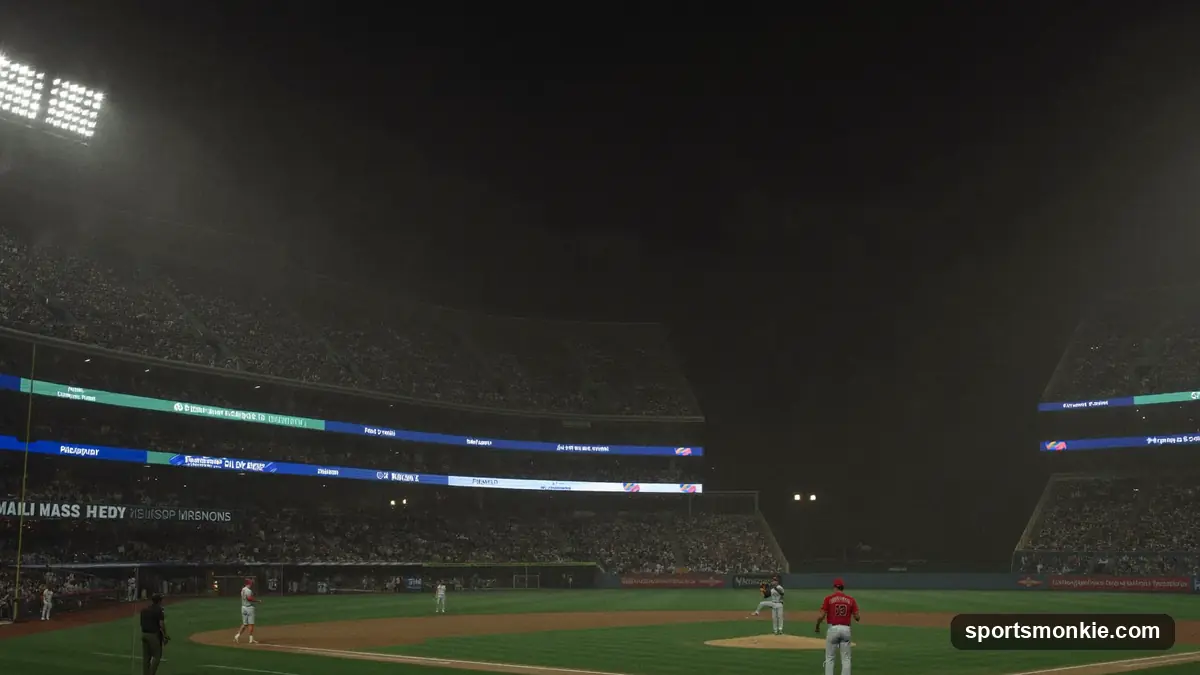 A floodlit baseball stadium at night with a scoreboard showing extra innings