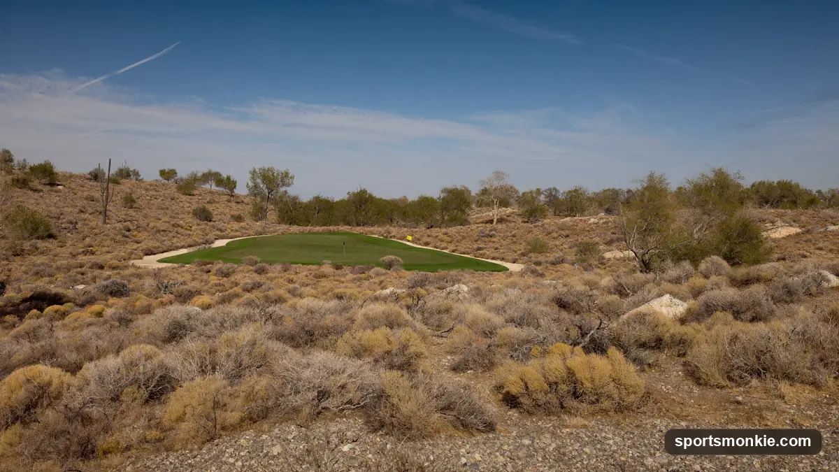 Remote outback golf hole with a rough fairway cutting through open desert scrub