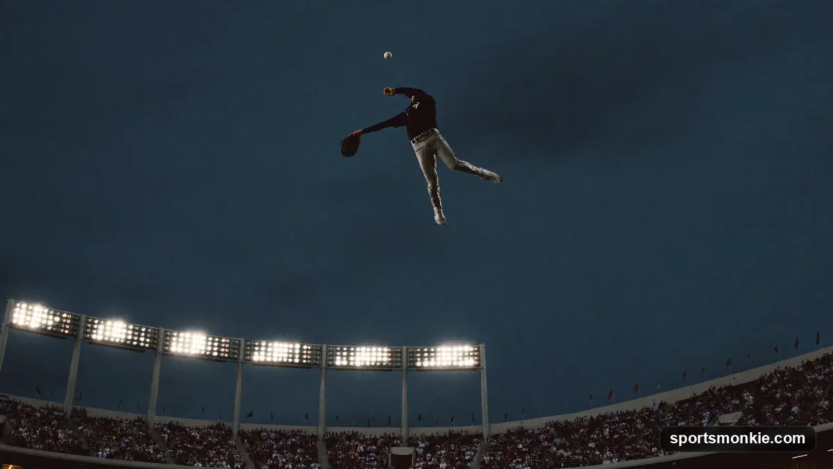 A baseball soaring high over the outfield wall of a stadium at dusk