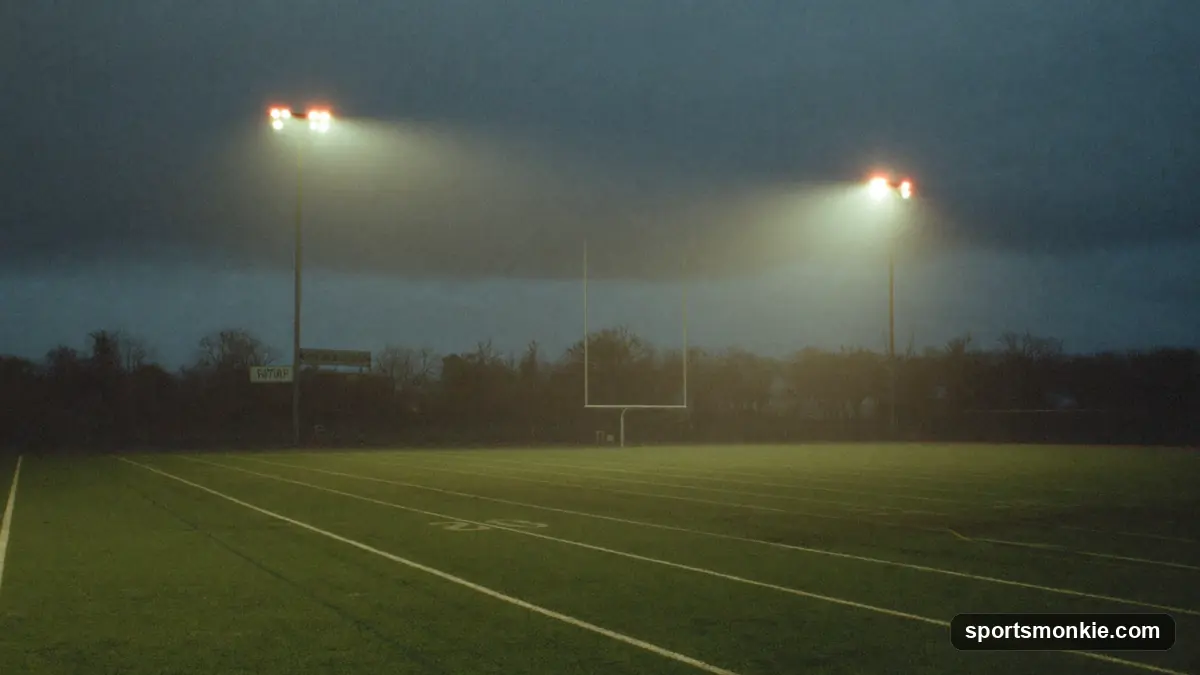 American football on an empty field with faded yard lines under grey skies