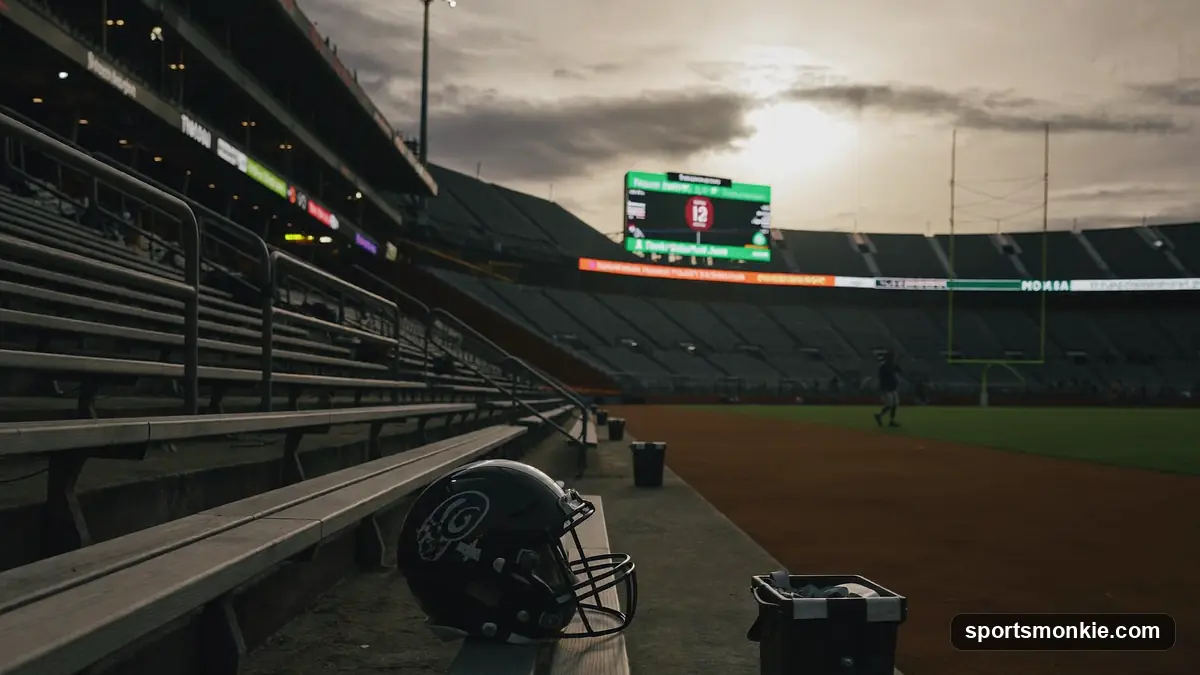Empty NFL stadium seats at dusk with a darkened scoreboard