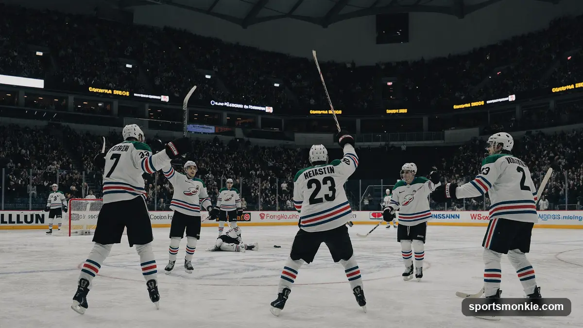 Ice hockey arena with players skating under bright lights