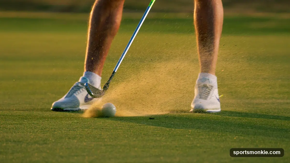 A golfer teeing up a soft golf ball on a sunlit fairway with a driver resting against the bag