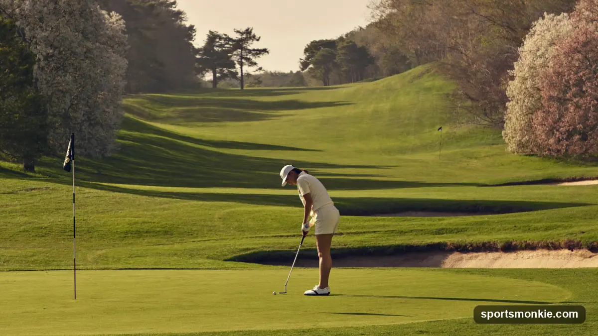 Golfer lining up a putt on a fast Augusta-style green with azaleas behind