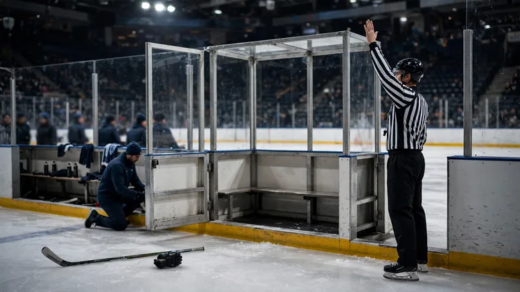A referee raising one arm to signal a major penalty beside an open penalty-box door, a discarded stick and glove on the ice near the boards and a trainer by the bench, editorial graphic