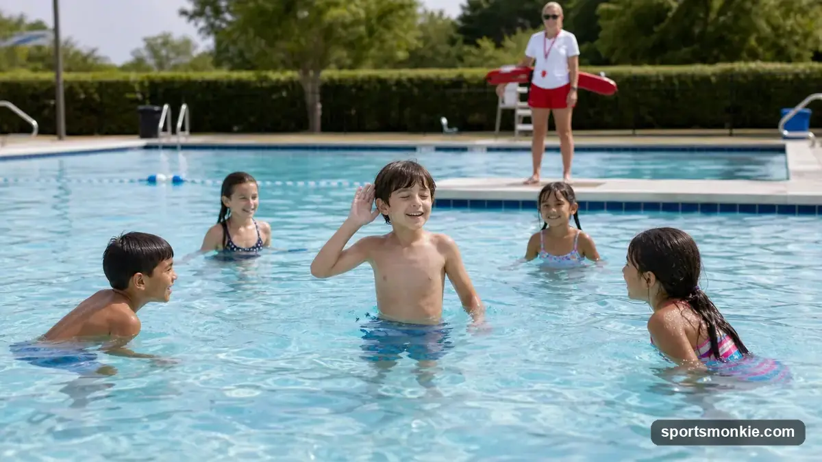 Kids playing Marco Polo in a swimming pool, one player with eyes closed reaching to tag others