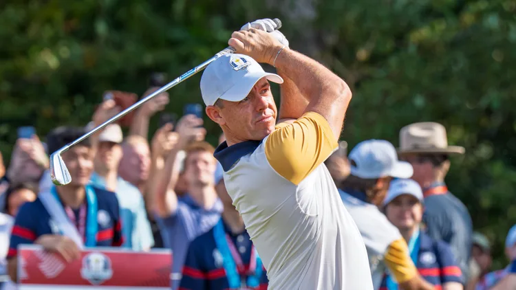 File photo from September 23, 2025: Rory McIlroy during the 2025 Ryder Cup. It does not show the New Delhi forum, and the cropped derivative is offered under the same CC BY-SA 4.0 licence as the original.