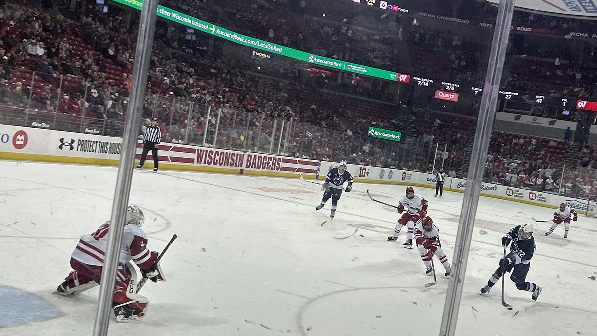 File photo: Gavin McKenna playing for Penn State against Wisconsin at the Kohl Center in Madison, completing his first collegiate hat trick. It does not show the Maple Leafs game against Buffalo. The 16:9 cropped derivative is offered under the same CC BY-SA 4.0 licence.