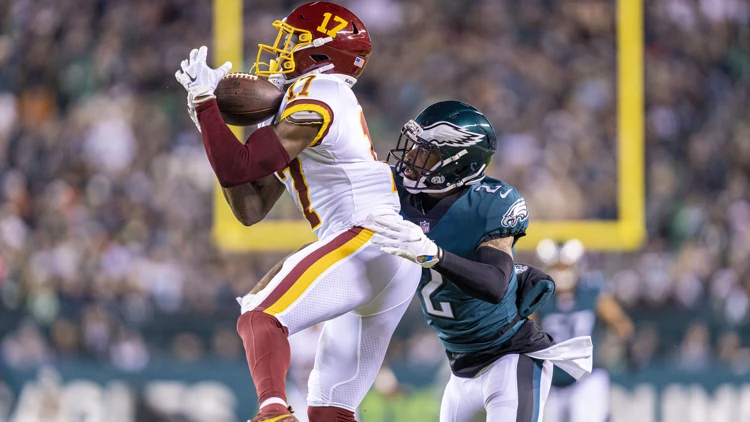 File photo from December 21, 2021: Terry McLaurin catching a pass for Washington against Philadelphia's Darius Slay at Lincoln Financial Field. It does not show Monday's game at Levi's Stadium or his injury. The 16:9 cropped derivative is offered under the same CC BY-SA 2.0 licence as the original.
