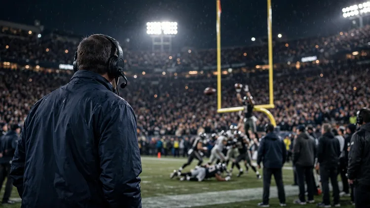 A generic football head coach seen from behind on a night sideline, wearing a headset and watching a field goal attempt near the goalposts in a floodlit stadium, editorial graphic. AI-generated illustration, not SoFi Stadium or any real coach.