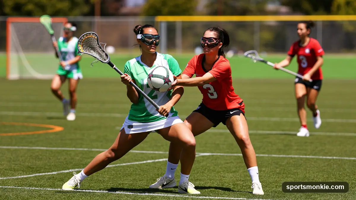 A women's lacrosse player in goggles cradling the ball past a defender on a sunny grass field during a match