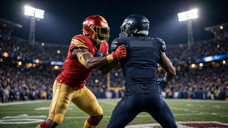 A generic wide receiver in red and gold turning a cornerback around by the shoulder to look at the back of his jersey under stadium lights, editorial graphic
