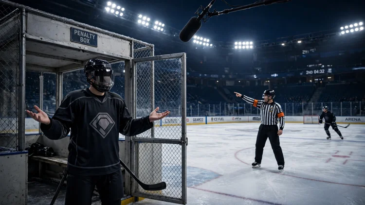 A generic hockey player in a dark jersey gesturing in confusion at an open penalty box gate while a striped referee points toward a teammate down the ice and a broadcast microphone hangs overhead, editorial graphic