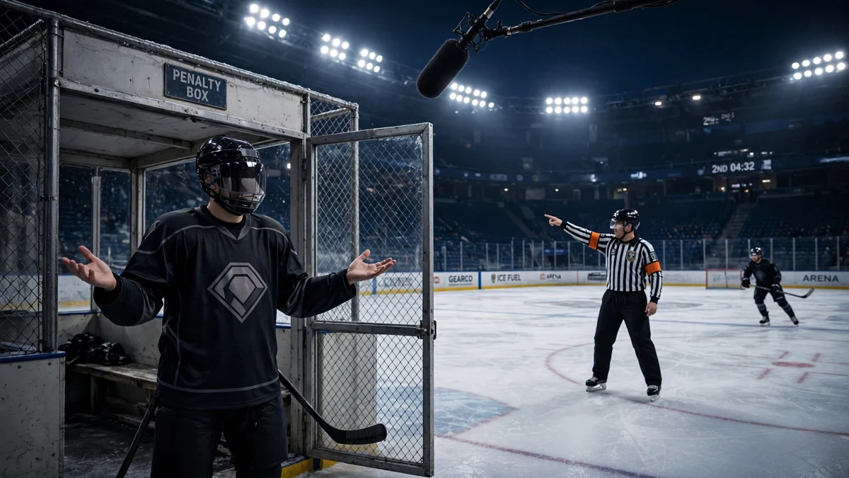 A generic hockey player in a dark jersey gesturing in confusion at an open penalty box gate while a striped referee points toward a teammate down the ice and a broadcast microphone hangs overhead, editorial graphic