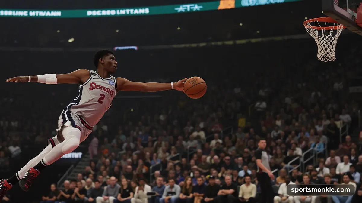 NBA point guard delivering a no-look pass through defenders on a lit court