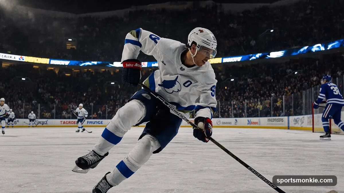 Hockey player passing the puck across the ice with an arena in the background