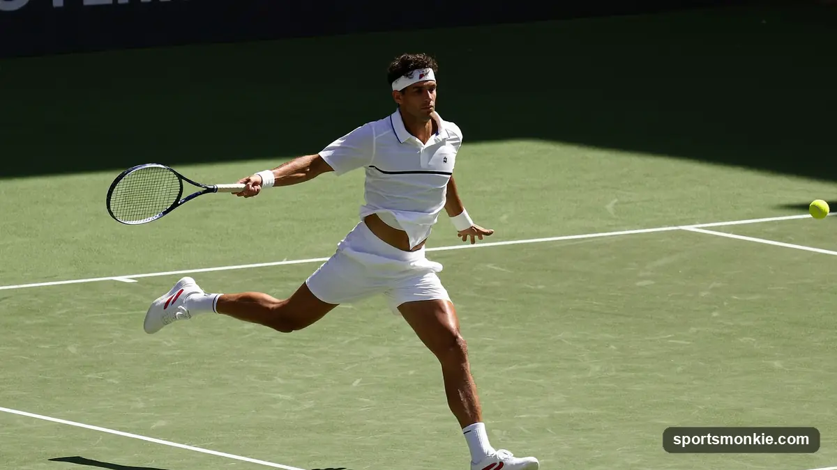 Tennis player raising a trophy on a hard court with a stadium crowd behind
