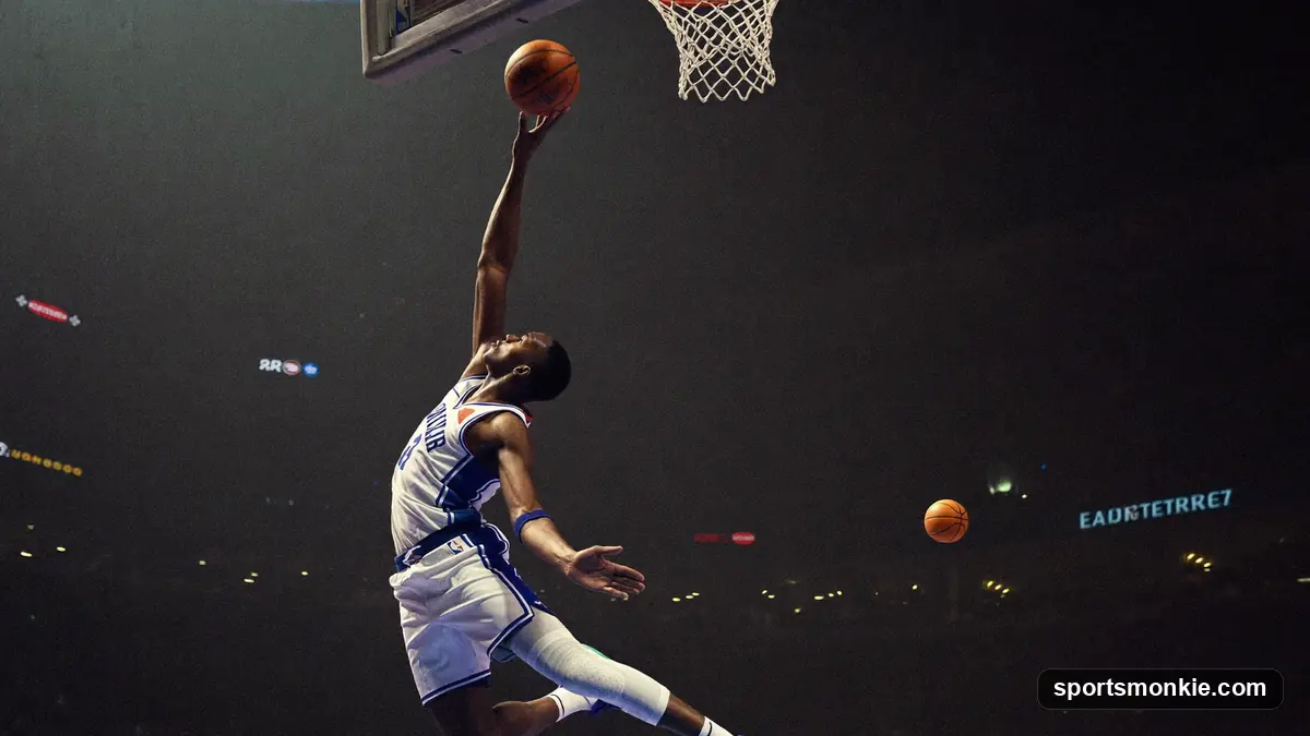 Basketball hoop and backboard viewed from below against arena lights