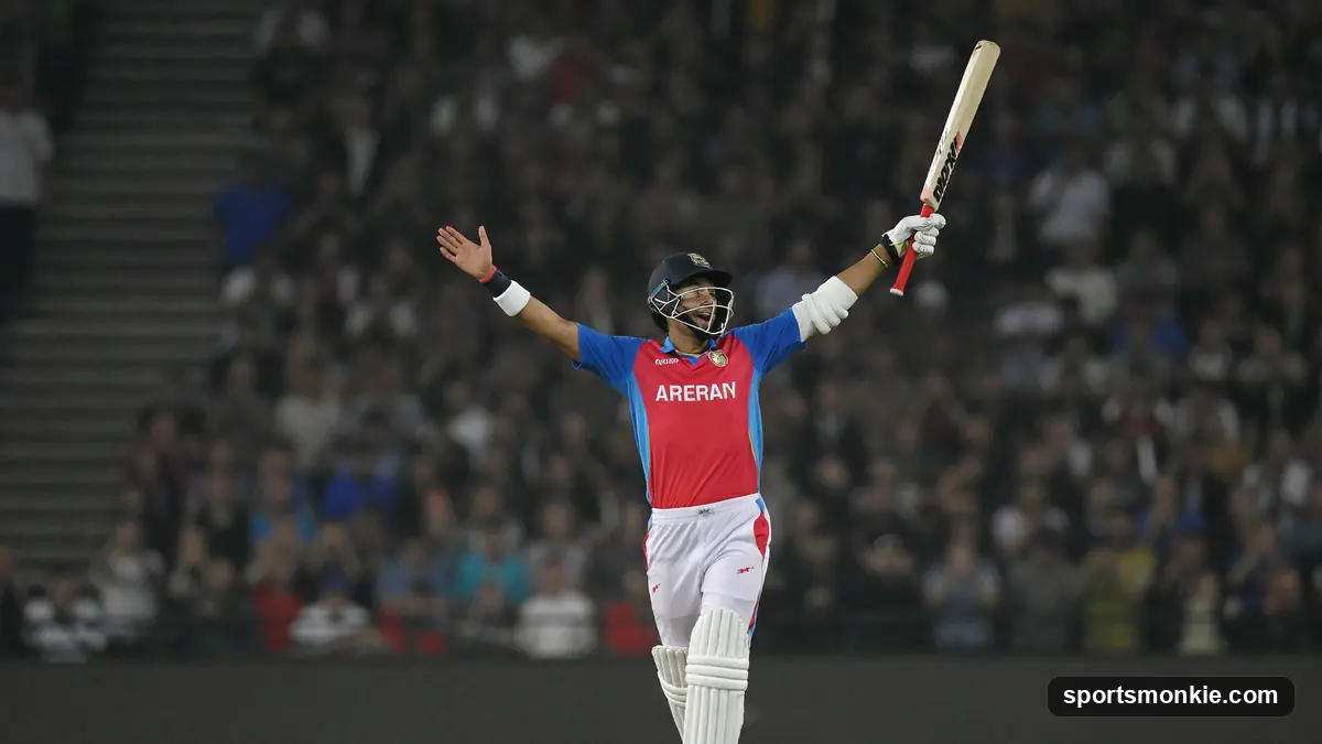 Batter removing the helmet and raising the bat to celebrate reaching a century